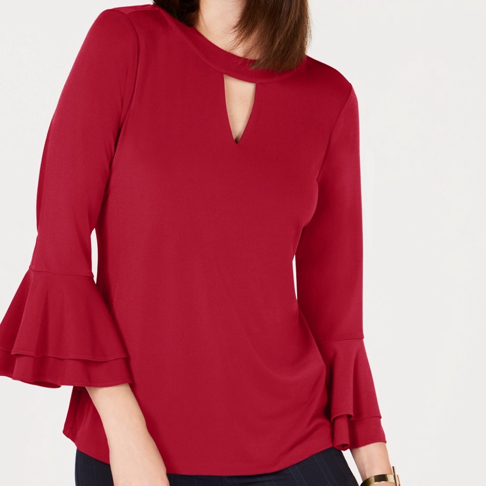 Red Keyhole Top with Ruffled Sleeves